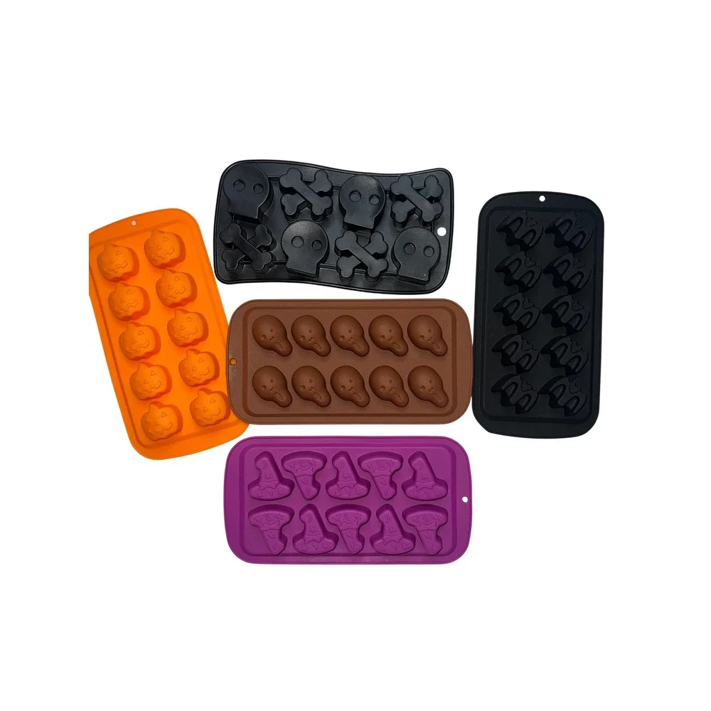 Halloween Silicone Mold Set 5pc Pumpkin Skull Bat Witch Hat Baking Trays